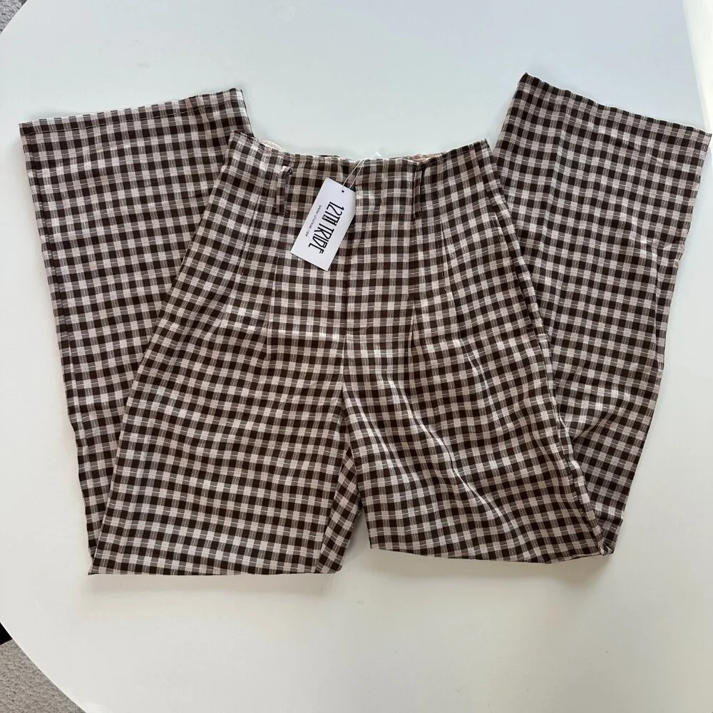 NWTs 12th Tribe Plaid Brown High Rise Straight Leg Pants S - Picture 2 of 6